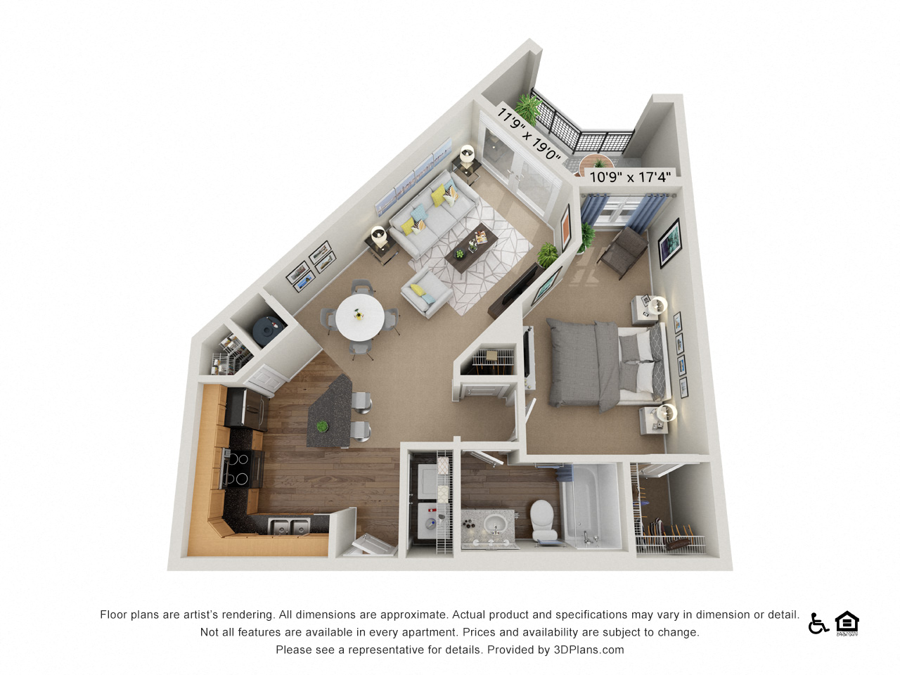 Floor plan for 1 bed, 1 bath, 720 sqft